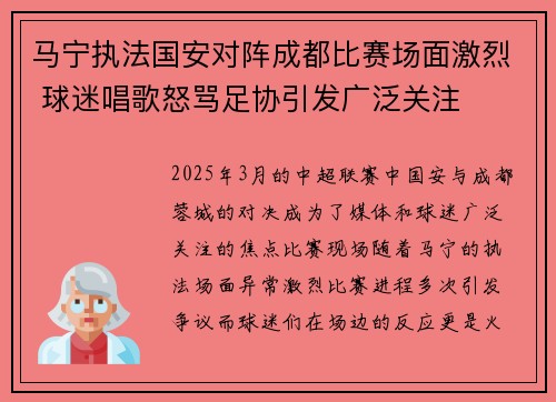 马宁执法国安对阵成都比赛场面激烈 球迷唱歌怒骂足协引发广泛关注