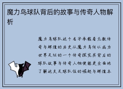 魔力鸟球队背后的故事与传奇人物解析